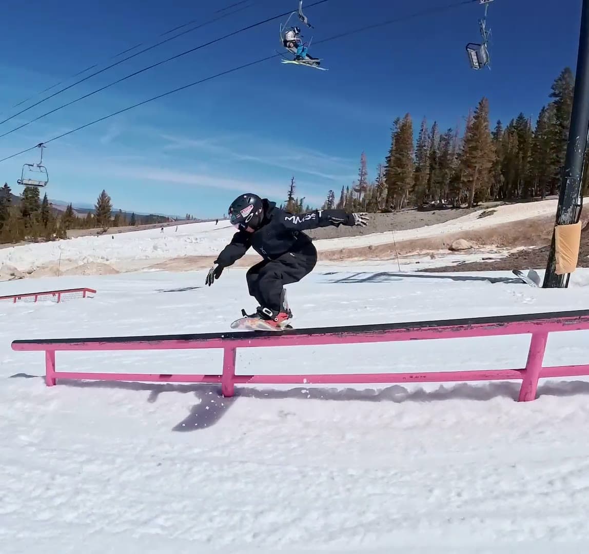 Seby locking onto the pink rail at Mammoth Mountain